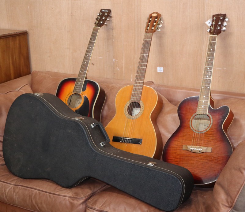 An Eagle Electro acoustic guitar, a Spanish guitar, an EKO electro acoustic guitar, with hard case and a Kimbara Electro acoustic guita